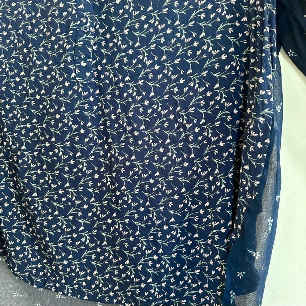 Lucky Brand Top Womens Size M Dark Blue Floral Boho Peasant Button Flowy Blouse - Picture 7 of 13